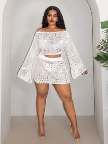 性感闪光针织圆领长袖上衣和紧身迷你裙套装，时尚休闲装，不对称设计 - 白色 - 查看 7