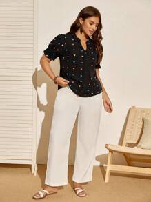 EMERY ROSE 大码女式编织花卉印花休闲夏季衬衫，适合新年、情人节、感恩节、圣诞节、复活节、国庆节、联欢晚会、除夕夜、圣诞派对、圣诞装饰、圣诞睡衣、家居春假情人节爱之吻玫瑰 - 黑色 - 查看 3