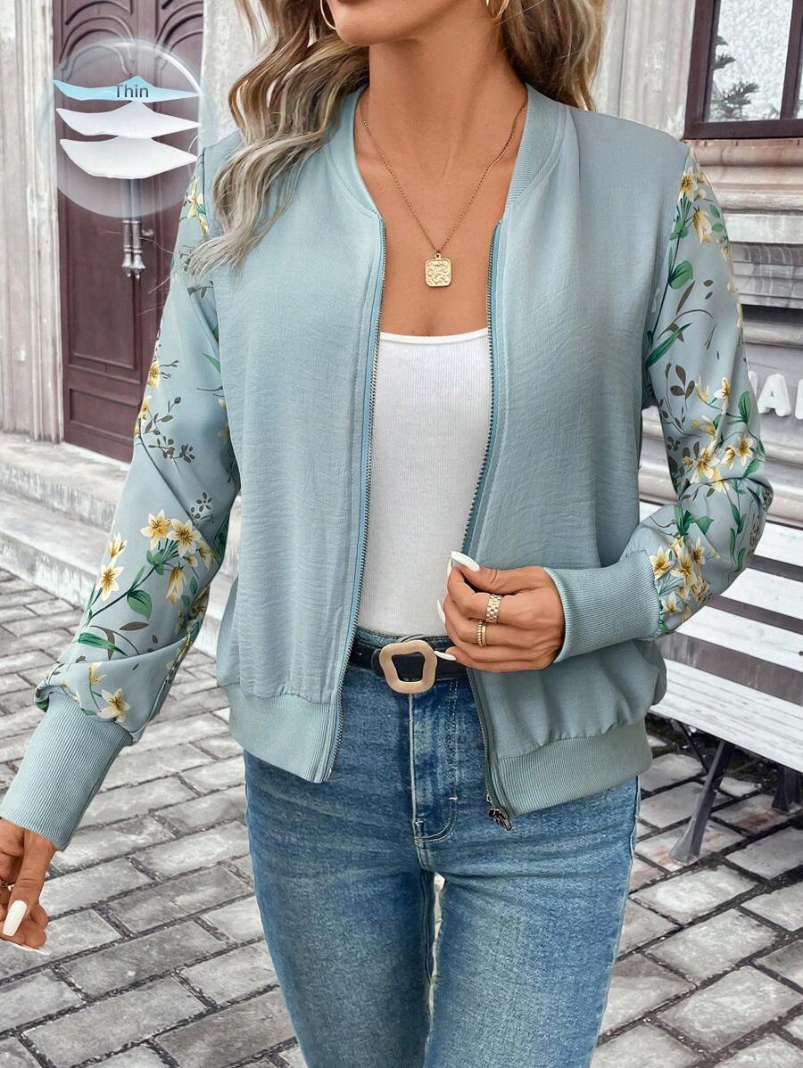 SHEIN Frenchy Áo khoác bóng chày nhẹ có khóa kéo họa tiết hoa dành cho nữ, thường ngày cho mùa xuân/thu - Màu Xám nhạt - Xem 1