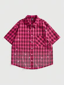 ROMWE MEN Street Life Camisa de hombre de verano con estampado a cuadros y decoración de rhinestones - Multicolor - Ver 1