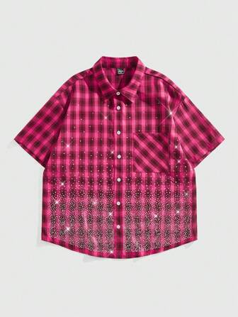 Street Life Camisa de hombre de verano con estampado a cuadros y decoración de rhinestones