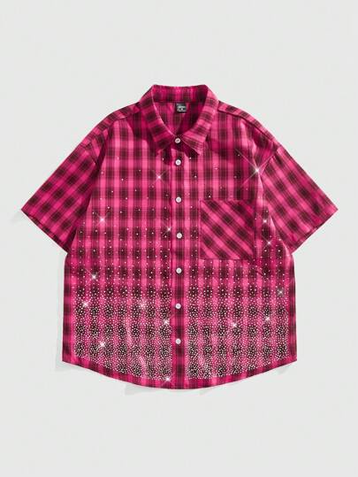 Grunge Punk Camicia estiva da uomo elegante con decorazioni in strass e motivo a quadri