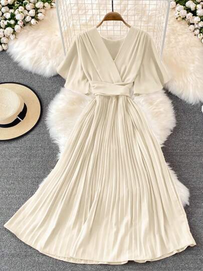 SHEIN Unity 加大码纯色法式优雅褶饰蝴蝶结荷叶边袖中长连衣裙，春夏