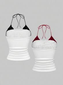 ROMWE 2pcs/Set American Vintage Cherry Print & Punk Vine Print Contrast Lace Halter Neck Bodycon Tank Top - Multicolor - View 2