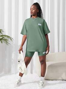 SHEIN 2pcs/Set Teen Girl Knit Solid Color Short Sleeve T-Shirt And Shorts Set, Dark Blue - Mint Green - View 4