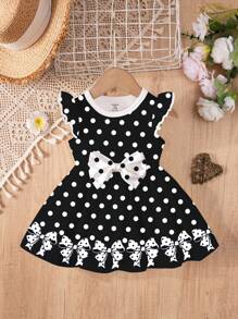 SHEIN 女婴可爱蝴蝶结卡通印花长袖连衣裙，适合秋冬季