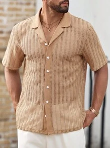 Manfinity VCAY 男士针织提花镂空短袖衬衫，适合日常穿着 - 白色 - 查看 3