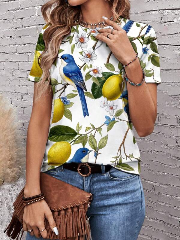 EMERY ROSE Camiseta de mujer de manga corta, cuello redondo, estampado en acuarela de limones, flores y pájaros, de corte holgado