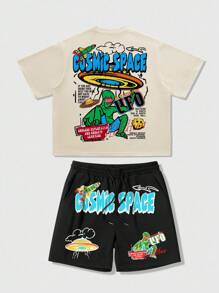 ROMWE MEN Street Life Men's Casual Brand Letter & Cartoon Graphic Round Neck Short Sleeve T-Shirt And Shorts Set - Multicolor - View 1