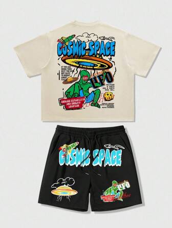 Street Life Ensemble t-shirt à manches courtes col rond et short pour homme, style décontracté avec logo de marque et motif graphique de dessin animé