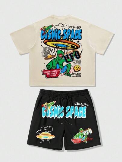 Street Life Men's Casual Brand Letter & Cartoon Graphic Round Neck Short Sleeve T-Shirt And Shorts Set