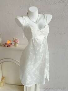 Sweetina Vestido de satén con espalda de encaje y unicolor elegante en beige y blanco, lencería de salón sensual - Blanco - Ver 2