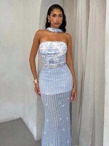 Glamine Rochie elegantă și romantică pentru femei, cu imprimeu floral, cu bustier și buzunar, din plasă, model sirenă cu sclipici, potrivită pentru vacanță, petrecere în grădină, bal, evenimente de seară, haine de toamnă pentru femei, înapoi la școală - Albastru - Vizualizare 3