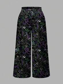 ROMWE Plus Size Women Gothic Goth Snake, Plant, Star, Moon Print Mysterious Dark Pants Suitable For Going Out - White - View 1