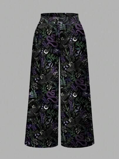 Goth Plus Size Women Gothic Goth Snake, Plant, Star, Moon Print Mysterious Dark Pants Suitable For Going Out