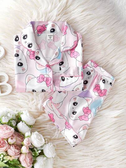 Set de 2 piezas de pijama con blusa de manga corta y pantalones cortos con estampado de gato lindo y dulce para niña, conjunto de ropa para estar en casa
