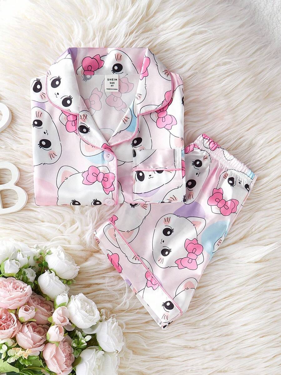 2pcs Young Girl Sweet Cute Cat Print Short Sleeve Shirt And Shorts Pajamas Set, Home Outfit - Pink - View 1