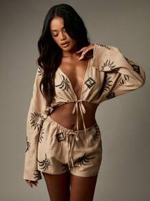 MISSGUIDED Boho Festival Linen Feel Two Piece Crop Top Shorts Set Embroidered Sun Pattern Beach Wear Summer Resort Wear - Champagne - View 3