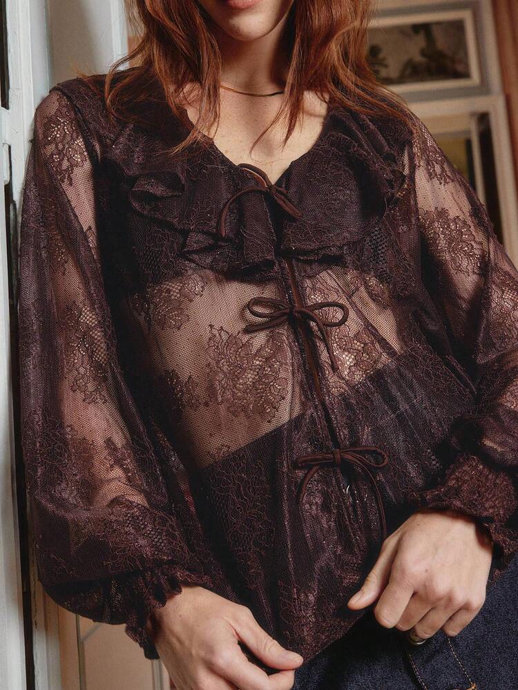 Sheer Lace Blouse With Ruffled Collar And Tie Closure Cute Autumn Top Fall Women Clothes Spring Summer