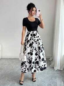 Breezaya Đầm chữ A in hoa thêu hoa tay ngắn cổ chữ U thanh lịch cho nữ - Nhiều màu - Xem 3