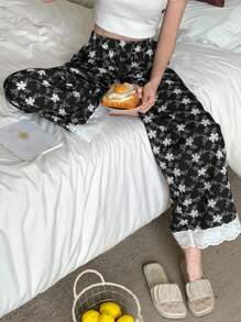 DAZY 女式花卉印花撞色孔眼刺绣睡裤，度假风格，秋季