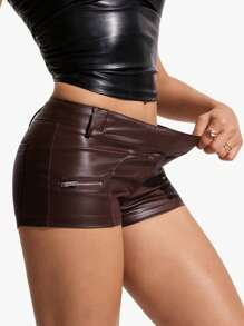 Jeanoix Women's Solid Color PU Leather Zipper Designed Skinny Fashionable Shorts