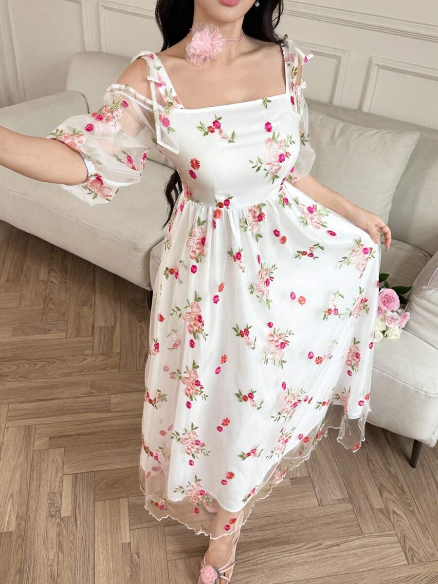 Modelyn 女士迷人刺绣露肩连衣裙，优雅春夏 - 彩色 - 查看 1