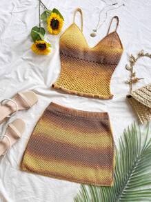 Soleia Women's Vacation Knit Ombre Yarn Twist Front Crop Top And Mini Skirt 2Pcs Set, Suitable For Party, Dates, Afternoon Tea, Beach, Boho Vacation,Sweet Cute Romantic Countryside Style Knitted Textured Cut-Out Sets,Early Fall Women's Clothing, Graduation, Church, Beach, Music Festival - Multicolor - View 3