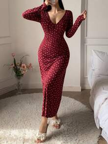 DAZY Long Ditsy Floral V-Neck Ruched Fitted Nightgown, Fall Pajama, Winter - Burgundy - View 4