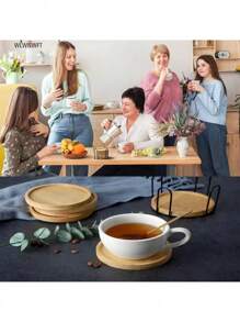 SHEIN 6件/套竹杯垫，各种形状的盖子，包括圆形、方形、心形、六角形杯垫，适用于咖啡杯、花盆、玻璃杯、饮料托盘、创意手工托盘、家居和办公室桌面装饰（注意：本产品由竹子材料制成，表面图案和纹理可能与图片略有不同）