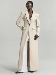 Ontre Stockholm Style, Women's Teacher, Autumn Women's Wear, Extra Long Blazer, Casual Minimalist Cinched Waist Long Blazer, Unique Lapel Design, Black, Suitable For Autumn/Winter, Business Casual Office Attire - Apricot - View 1