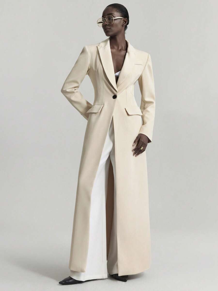 Ontre Stockholm Style, Women's Teacher, Autumn Women's Wear, Extra Long Blazer, Casual Minimalist Cinched Waist Long Blazer, Unique Lapel Design, Black, Suitable For Autumn/Winter, Business Casual Office Attire - Apricot - View 1