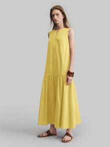 Ontre Vestido largo sin mangas de cuello redondo para mujer, estilo retro, amarillo, uso diario casual, vestido maxi sin camisa de unicolor minimalista, Vestido de vacaciones