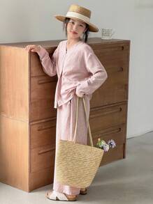 2pcs Tween Girl V-Neck Long Sleeve Shirt And Long Pants Set, Fall Outfit - Pink - View 7