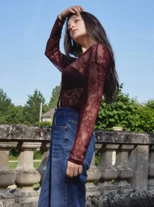 lacRébo Sexy Sheer Lace Long Sleeve Top With Asymmetric Buttons Spring Top Night Out Top Club Spring Summer - Burgundy - View 4