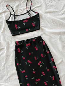 Soleia Bộ 2 áo crop top in họa tiết quả anh đào đơn giản cho nữ và chân váy xẻ cao có dây rút ở eo, phù hợp cho mùa hè - màu đen - Xem 4