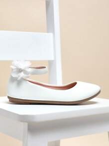 Mini mi Ankle Strap Floral Detail Round Toe Pu Black Flats– Cushion Dressing Shoes For Princess's Dance&Party