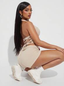 SHEIN SXY 2 件套女士夏季休闲纯色挂脖 V 领无袖系带露背背心和短裤套装 - 杏色 - 查看 1