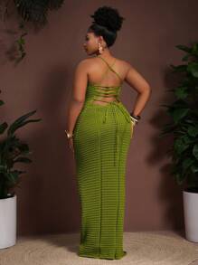 Slaydiva 2025 春夏新款波西米亚度假休闲派对卡其色针织收腰镂空透视吊带裙，加大码 - 綠色 - 查看 2