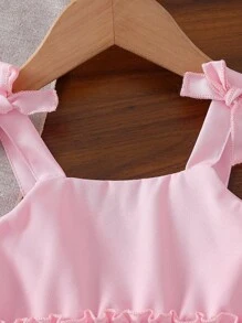 SHEIN Vintaside Kids Bộ đồ mùa hè 2 món cho bé gái, áo hai dây màu đỏ kết hợp với quần short denim thêu họa tiết quả anh đào, phù hợp cho các hoạt động vui chơi ngoài trời, mặc ở nhà thường ngày, chơi thể thao thư giãn và dự tiệc vui vẻ - Hồng - Xem 8