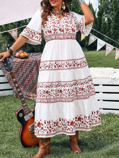 Plus Size Women Summer Casual Vacation Boho Floral Print V-Neck Short  Sleeve Ruffled Long Dress, Country Concert Outfit,Summer Holiday,Vacation Outfits  Women,Simple And Fashionable For Everyday Wear,Vacay Vibes,Springbreak,Casual  Wear SS,Bohemia ...
