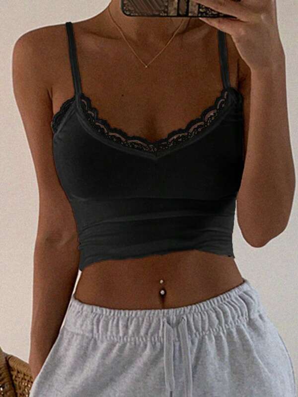 DAZY Lace Trim Crop Cami Top Tank Tops