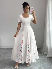 Elenzga 女士优雅印花拼布腰线 A 字短袖夏季连衣裙，适合度假和通勤 - 彩色 - 查看 3