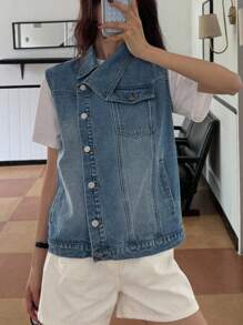 DAZY Ärmellose, Washed und abgenutzt wirkende Denim Jacke und -mantel für Damen im Sommer - Blau - Übersicht 4