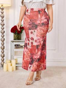 Modelyn Elegant Floral Printed Mesh Waist Tie Fitted Mermaid Hem Skirt, Plus Size, Spring/Summer - Multicolor - View 5