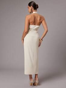 女士时尚露背吊带上衣和半身裙套装，适合通勤 - 杏色 - 查看 2