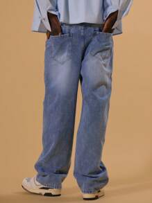 Musero Men Washed Denim Baggy Jeans Button Fastening Belt Loop Detailing Spring Summer Vacation - Light Grey - View 4