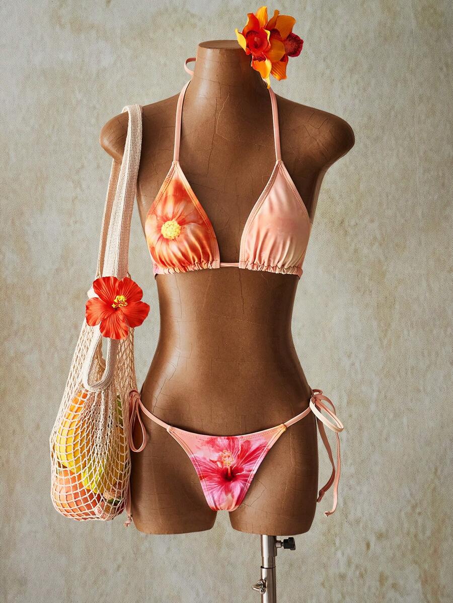 SHEIN ICON Conjunto de bikini de mujer con estampado floral de albaricoque, con detalle de atar en el cuello - Multicolor - Ver 1