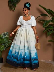 Maweii Plus Size Women Elegant Puff Sleeve V Neck Cinched Waist Party Dress - Multicolor - View 2