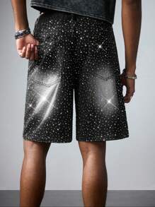 ROMWE MEN Street Life Pantalones cortos vaqueros de moda casual para hombre con botones de rhinestone